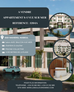 Nabeul Cite El Mahrsi 3 Vente Appart. 1 pice A  appartement s1 vue mer  sidi ref1204a
